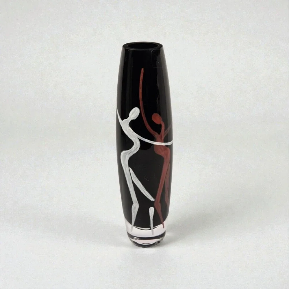 vintage Sasaki Bacchanal Art Glass Vase 11 3/4” Poland Black Hand Painted w/ Box